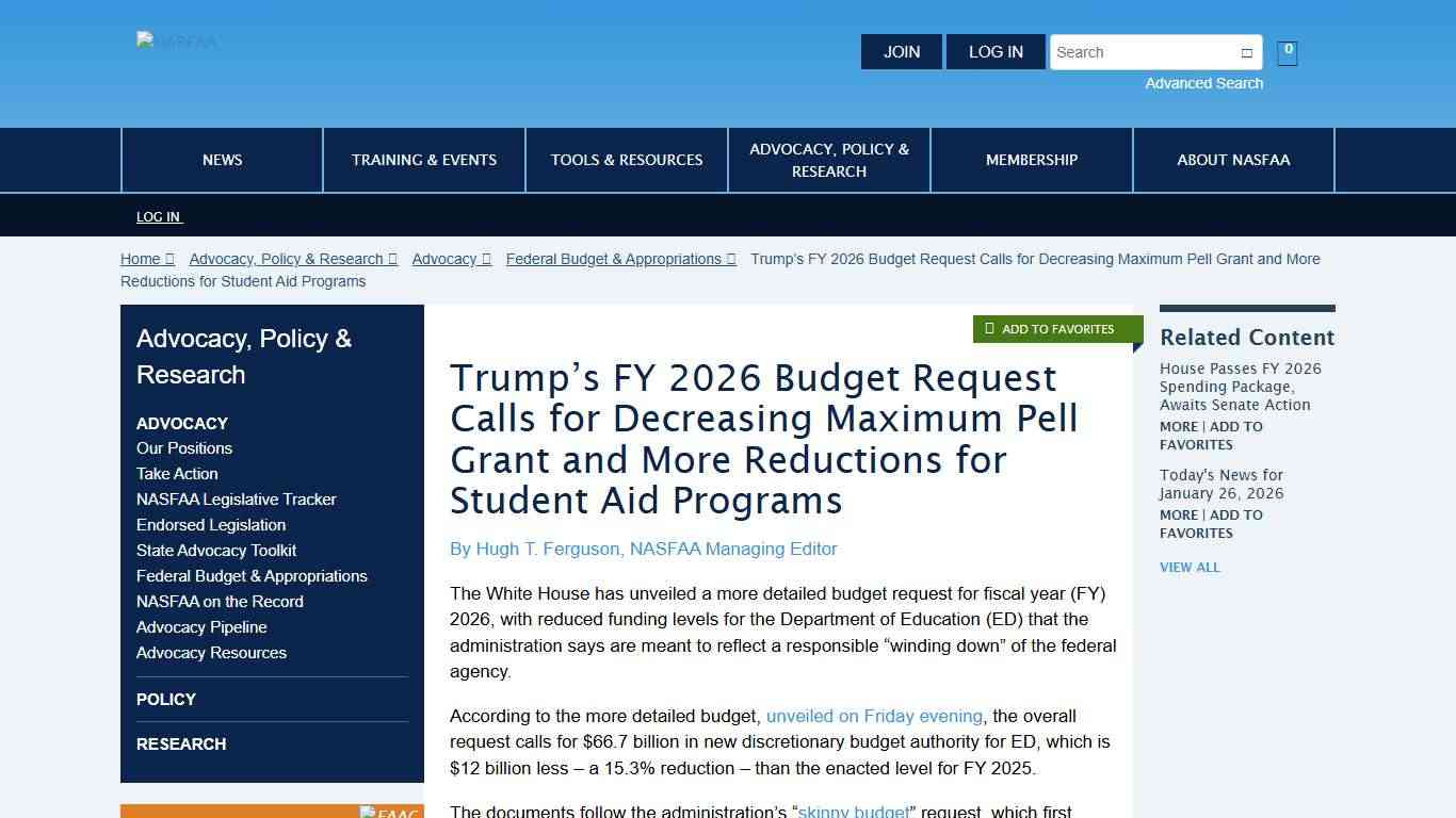 NASFAA Trump’s FY 2026 Budget Request Calls for Decreasing Maximum Pell Grant and More Reductions for Student Aid Programs